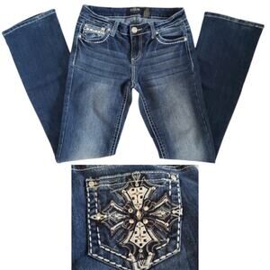 Zco Jeans Premium White Cross Embroidered Bootcut Jeans Size 7